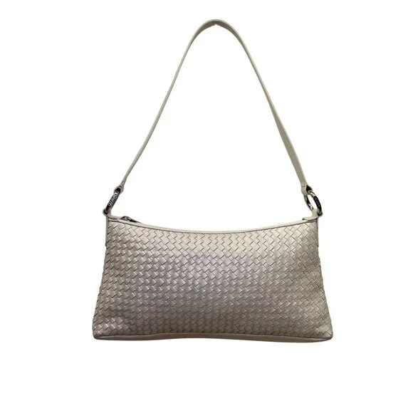 Alfani Womens White Leather Woven Zip Closure Designer Handle Shoulder Bag - Picture 1 of 14